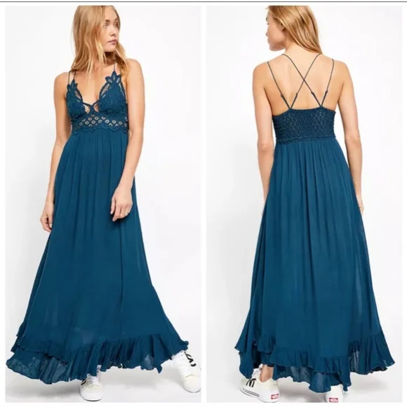 Free People One Strappy Adella Dress Womens Large Slate Teal Ruffle Maxi Large - Picture 2 of 9